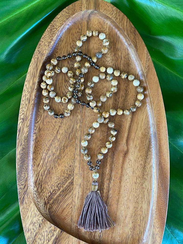 Jasper and Smokey Quartz Knotted Mala